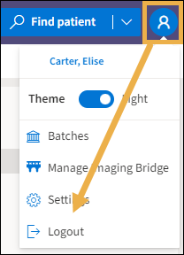 User Profile menu with yellow highlight box around the user profile icon and a yellow arrow pointing downwards to Logout.